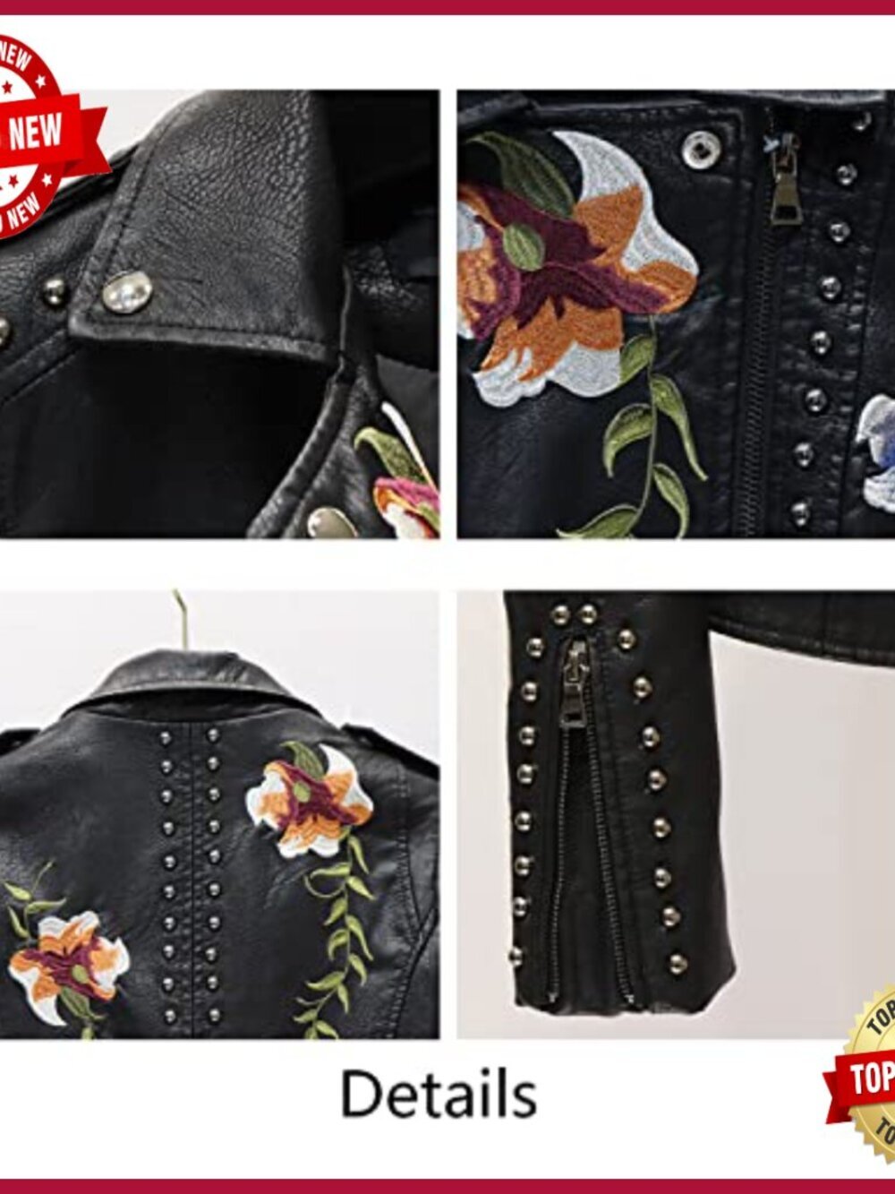 Women's Embroidered Studded Faux Leather Moto Jacket Slim Fit Short - Picture 5 of 6